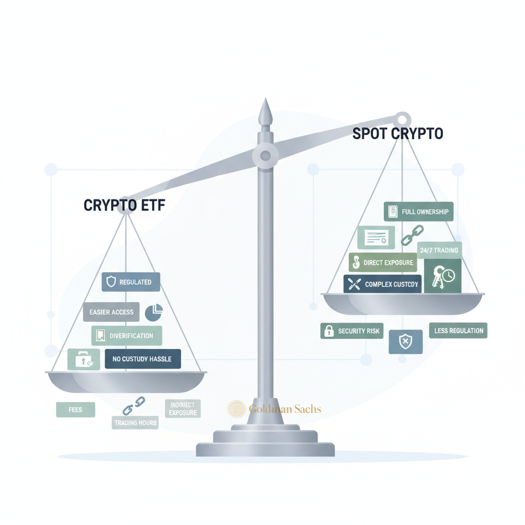 balance scale pros cons crypto ETF vs spot, goldman logo subtle, illustrative realistic