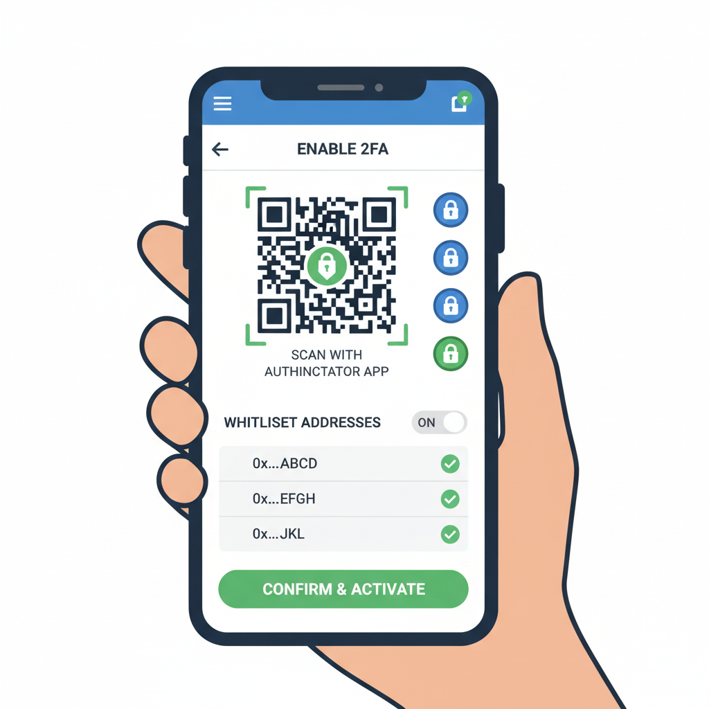 smartphone screen enabling 2FA on crypto exchange, authenticator app QR code, whitelist address list, security padlock icons