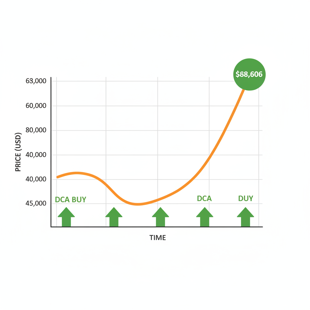 bitcoin price chart at $68,606 with DCA buy markers, green upward arrows from $60K crash, simple line graph