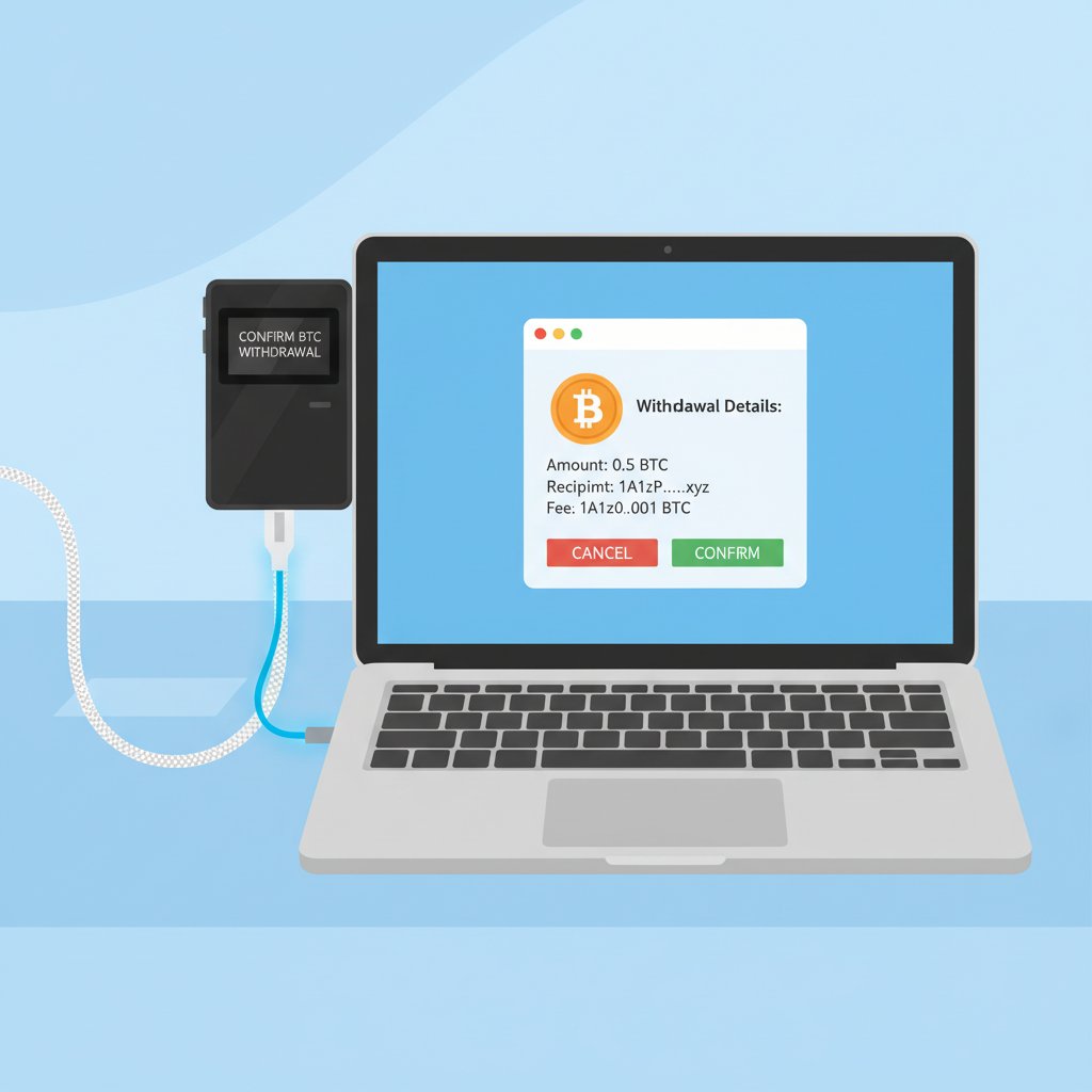 hardware wallet like Ledger connected to laptop, bitcoin withdrawal confirmation screen, secure USB connection