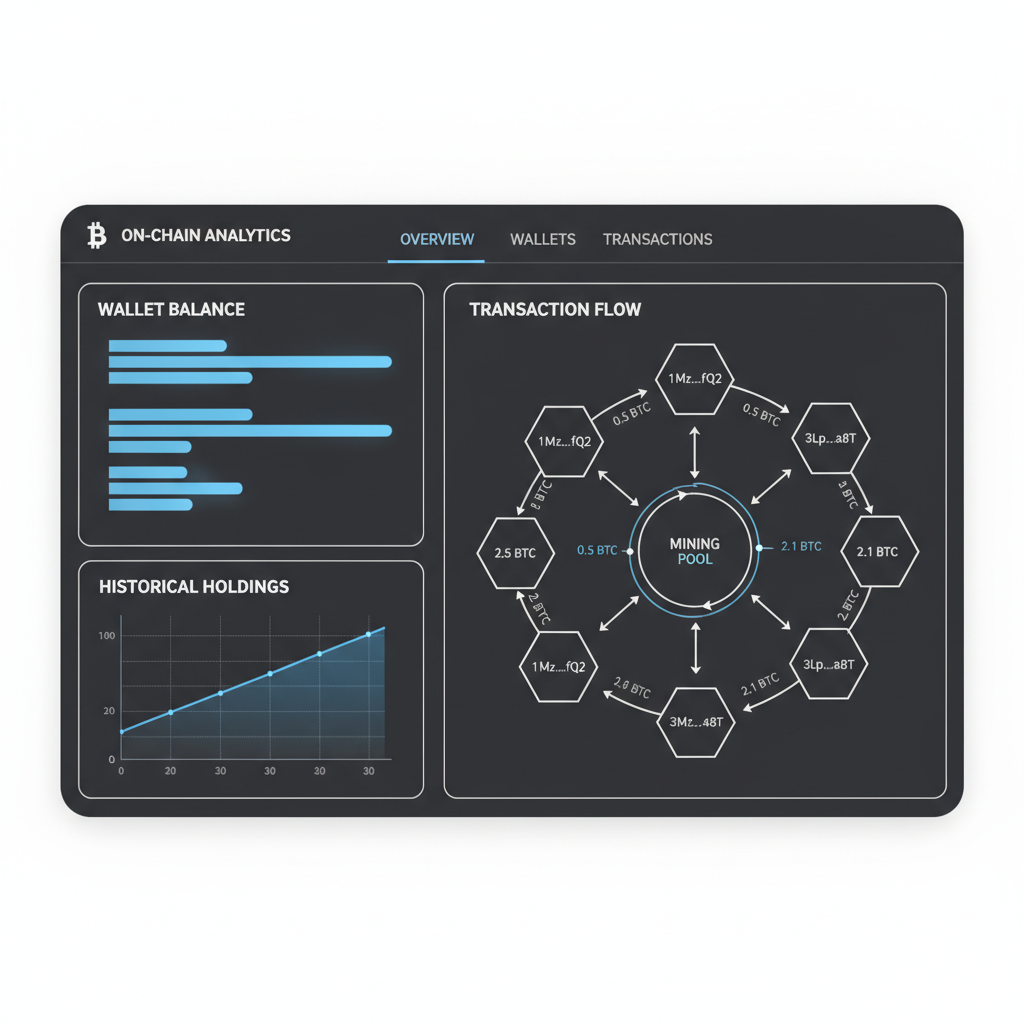 on-chain bitcoin analytics dashboard, wallet balance charts, transaction flow visualization, dark mode professional