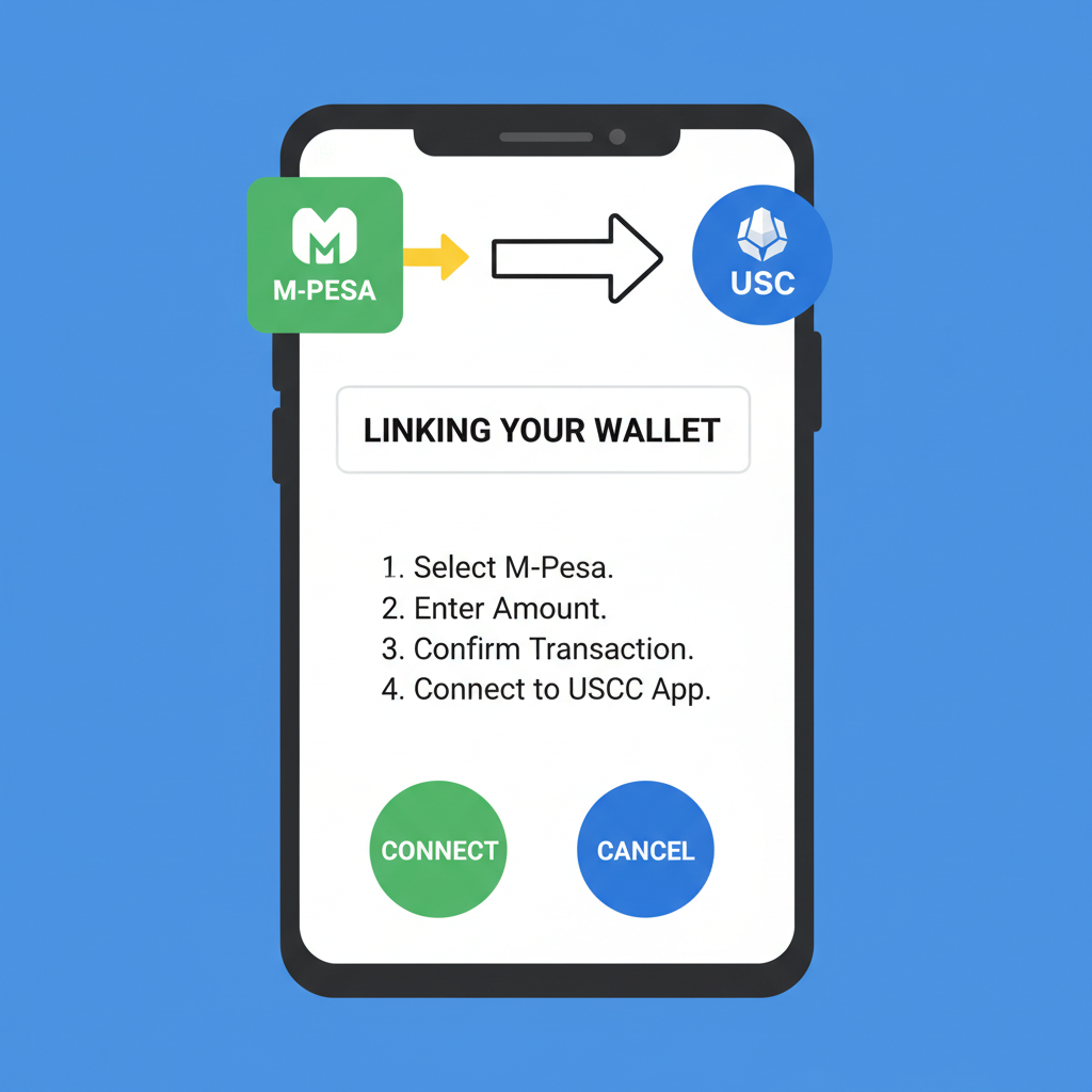 Smartphone screen linking mobile money wallet to crypto app, icons of M-Pesa and USDC