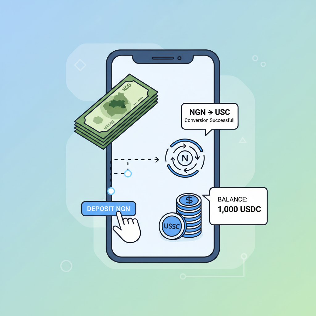 User depositing naira via app converting to USDC, money transfer animation