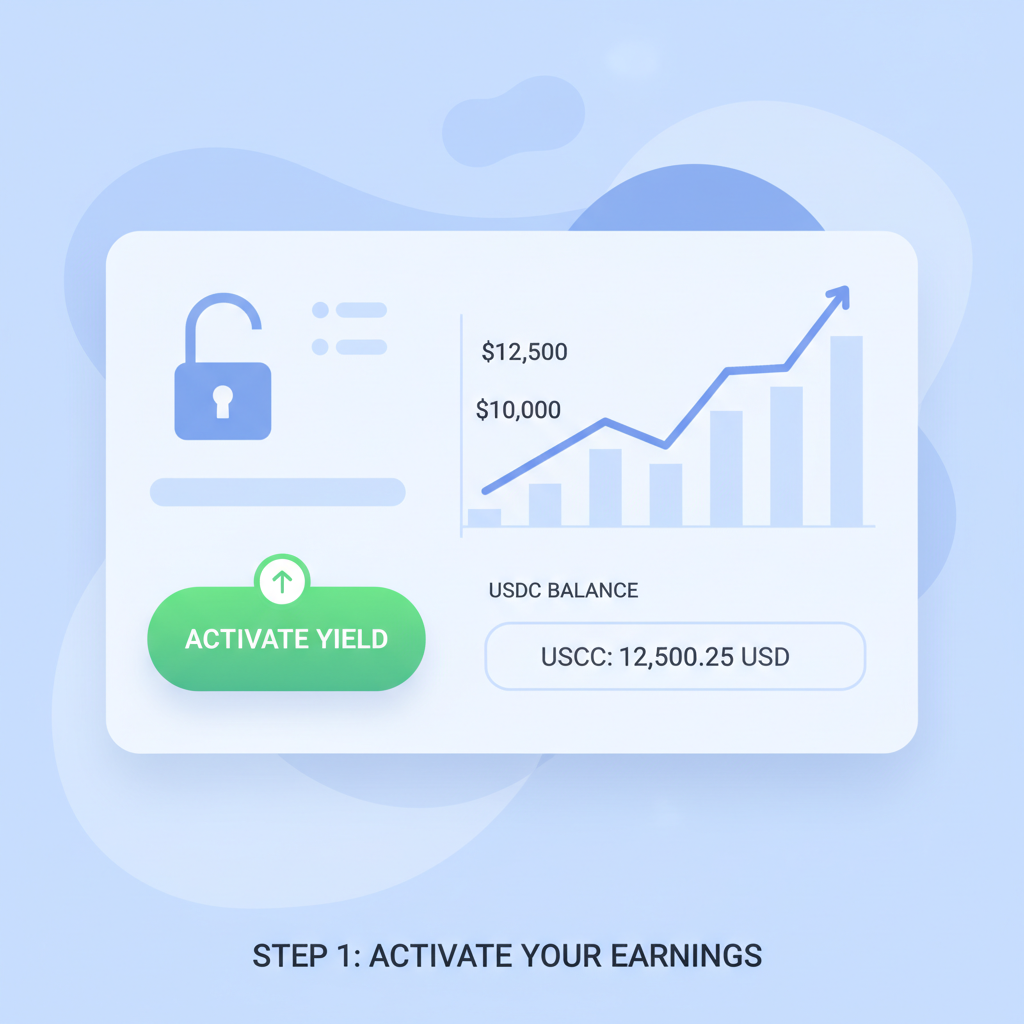 App dashboard activating yield button, growing USDC balance graph