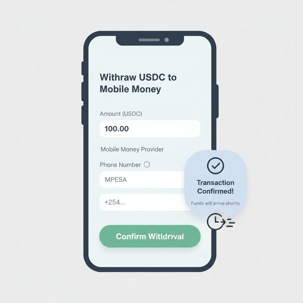 Withdrawal screen from USDC to mobile money, fast transaction confirmation