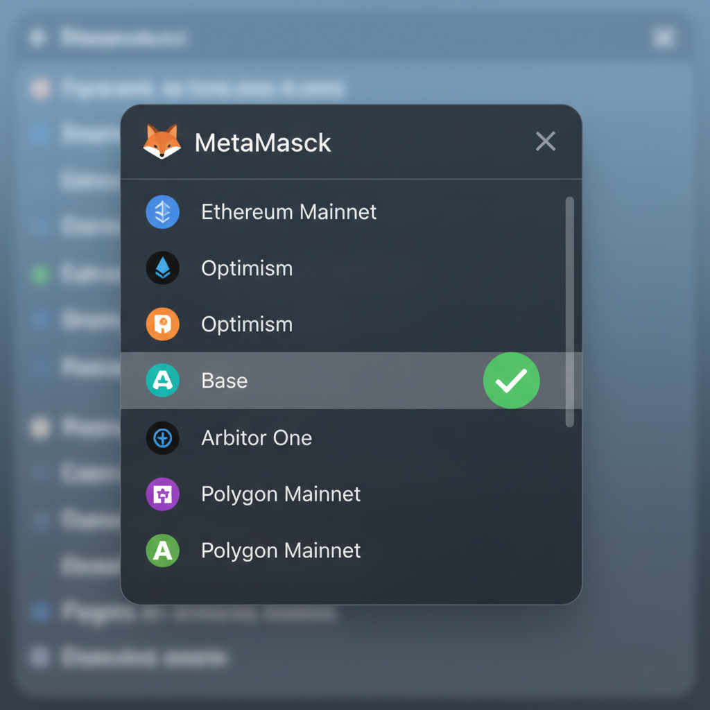MetaMask dropdown menu selecting Base network, green checkmark