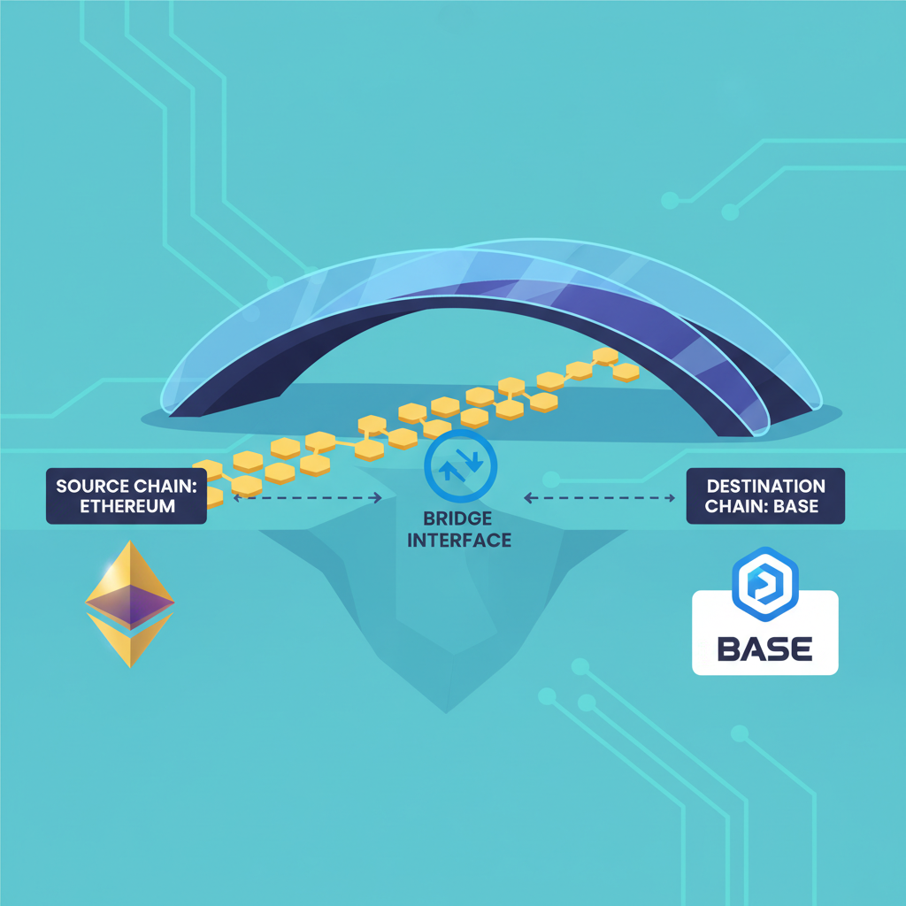Base chain bridge interface, ETH flowing across chains, futuristic bridge