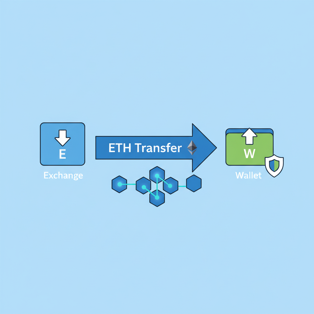 ETH transfer arrow from exchange to wallet, blockchain network graphic