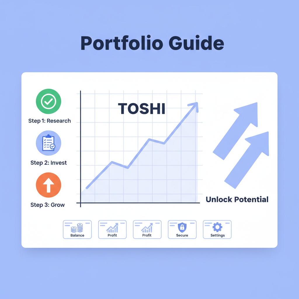Portfolio dashboard with TOSHI chart, checklist icons, upward arrows