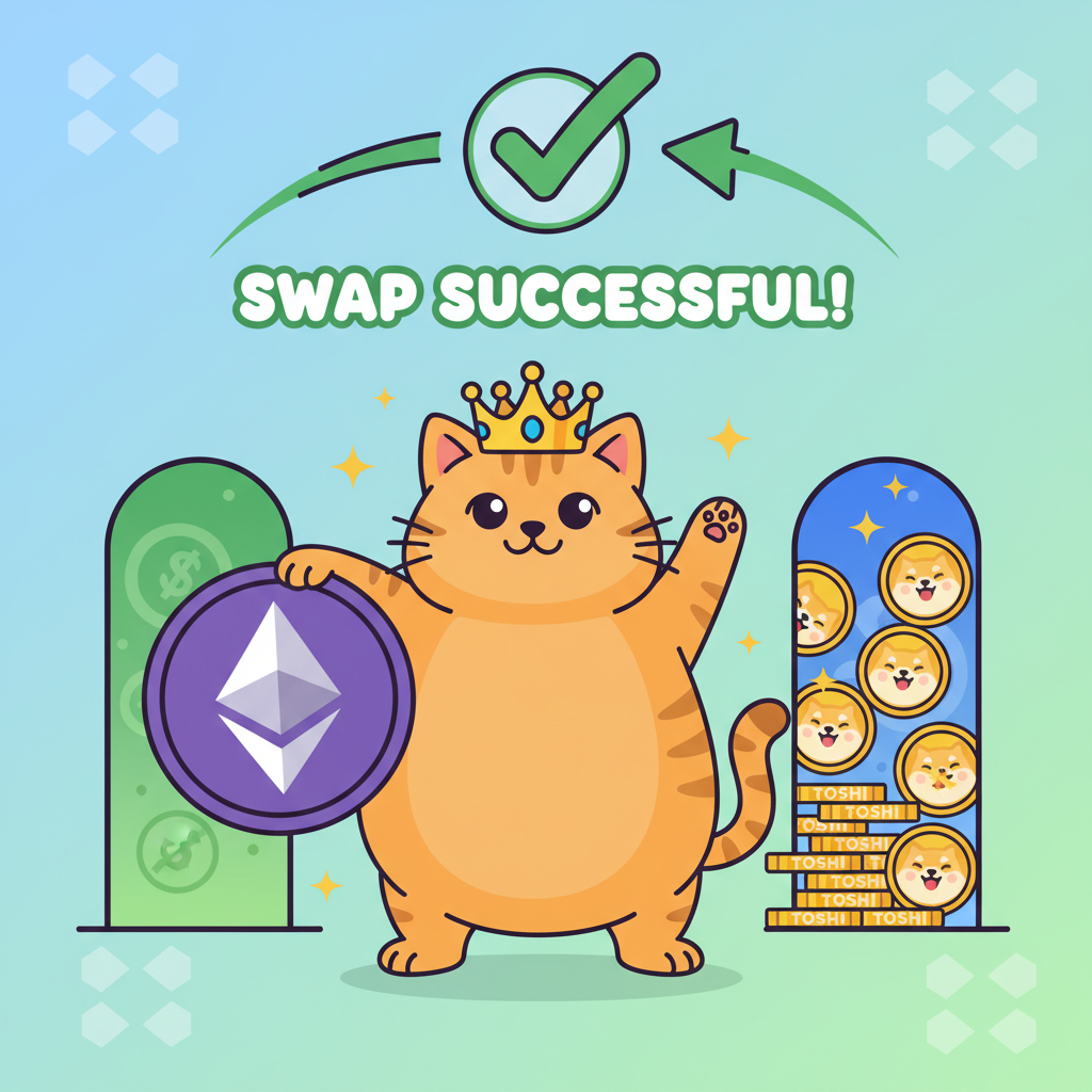 ETH to TOSHI swap confirmation, cat meme theme, success animation