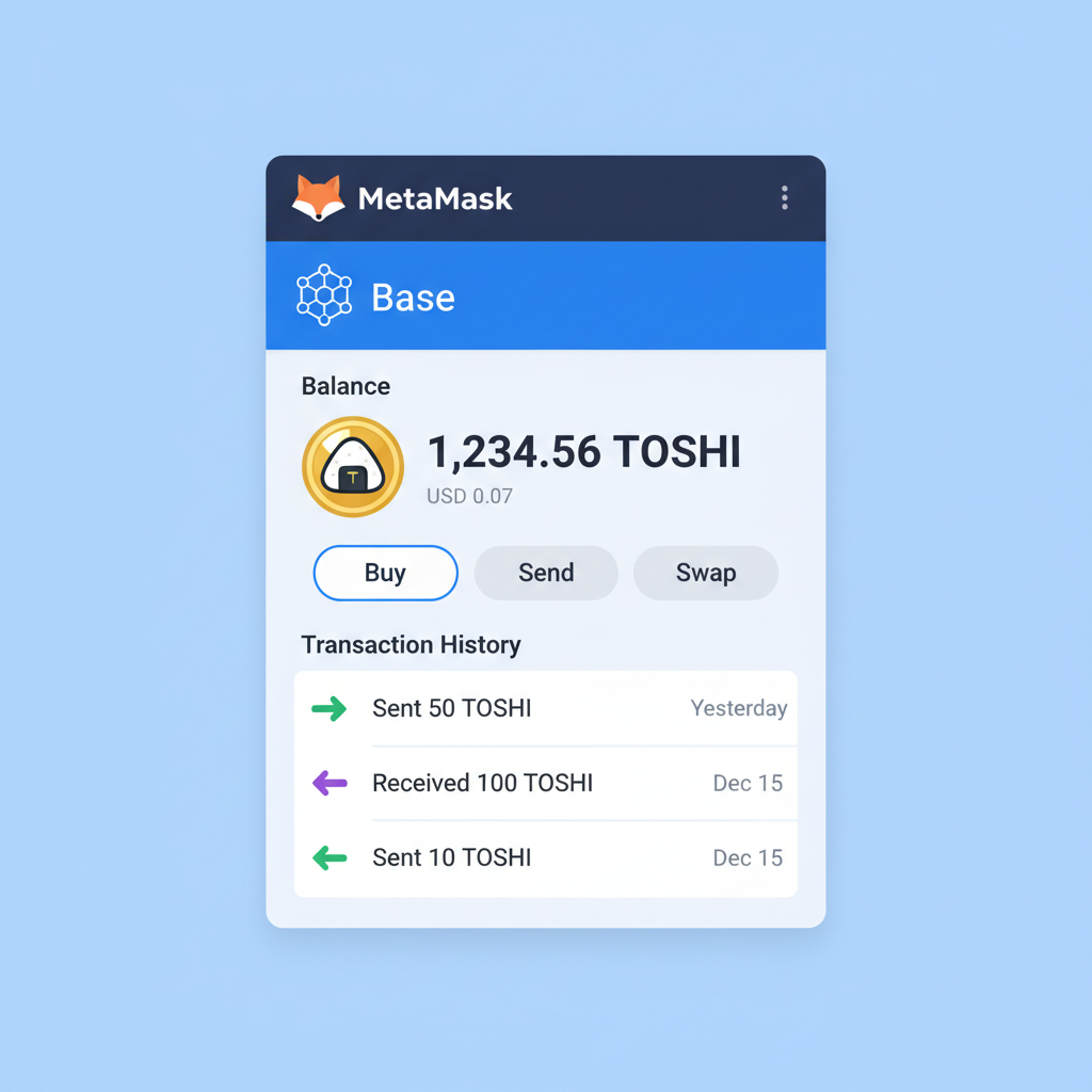 MetaMask Base chain balance showing TOSHI tokens, transaction history