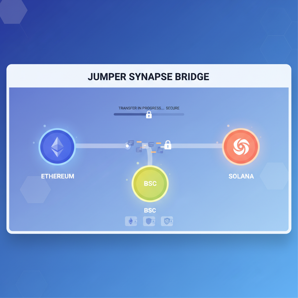 cross-chain bridge interface Jumper Synapse, glowing portals Ethereum Solana BSC, secure transfer animation --ar 16:9