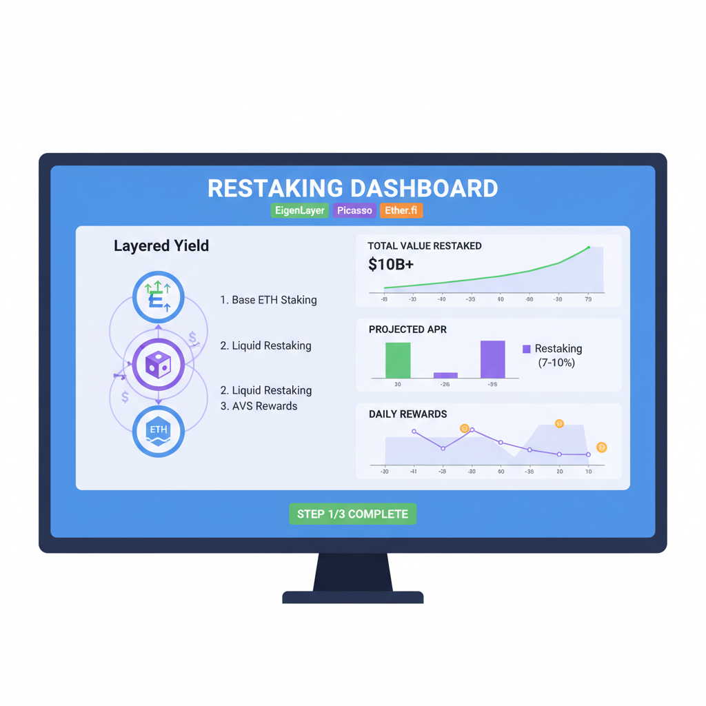 restaking dashboard EigenLayer Picasso Ether.fi, layered yield icons, analytical charts --ar 16:9
