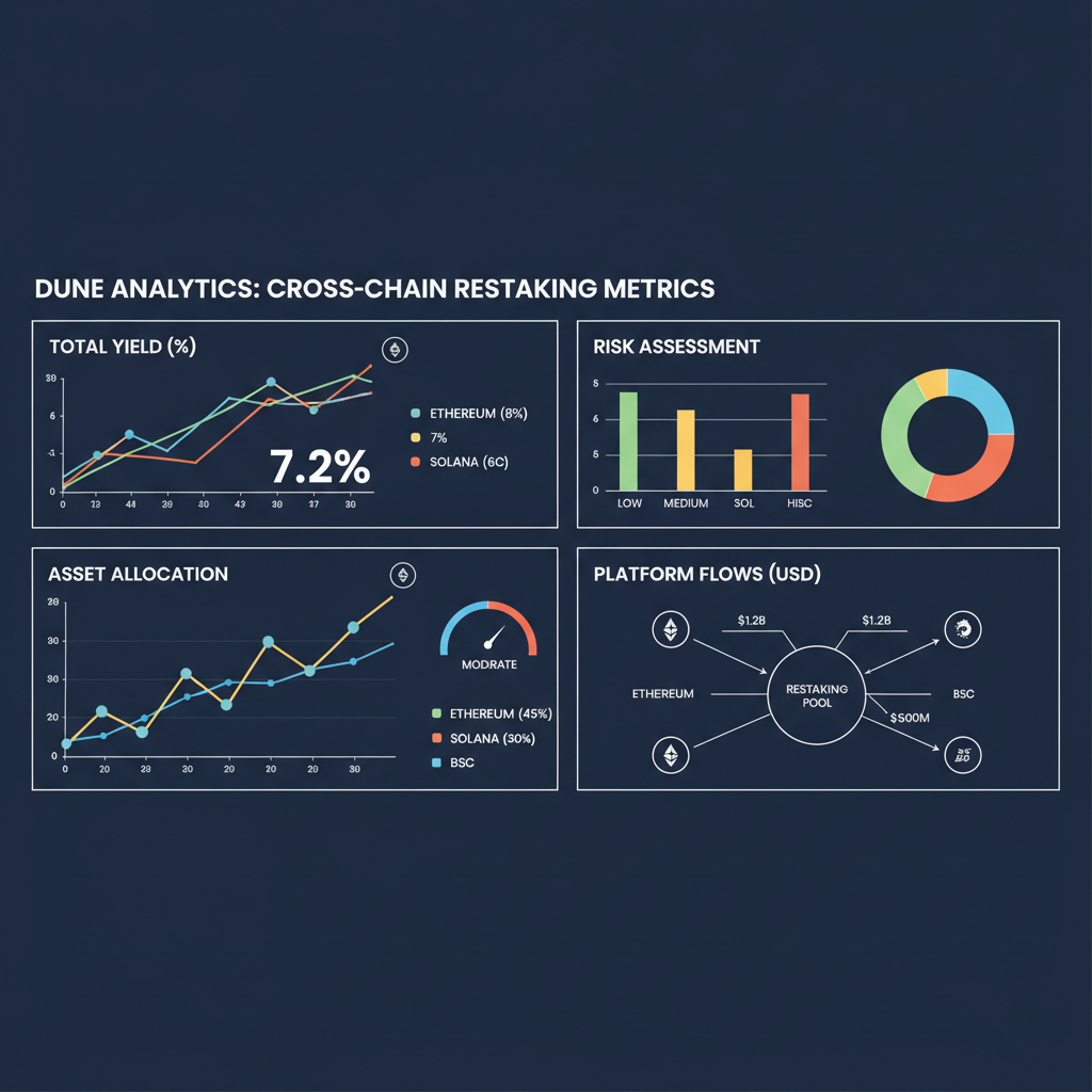 Dune Analytics dashboard cross-chain restaking metrics, graphs yields risks Ethereum Solana BSC --ar 16:9