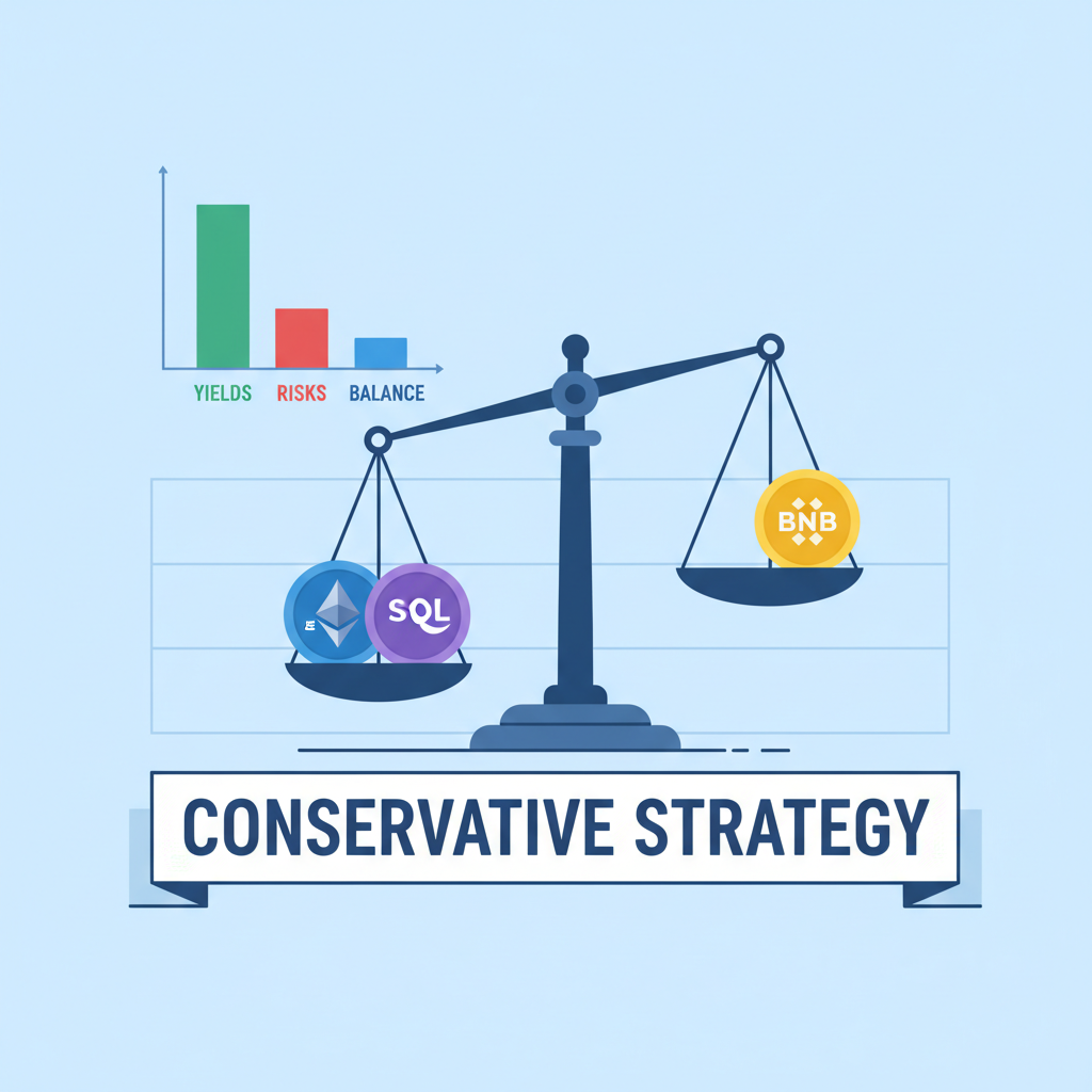 portfolio rebalance chart yields risks, balance scale Ethereum Solana BSC, conservative strategy --ar 16:9