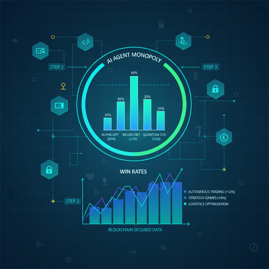 futuristic charts of AI agent Monopoly stats, win rates graphs, blockchain overlay