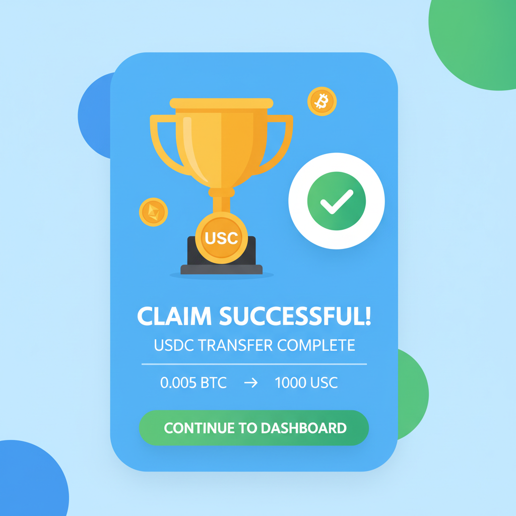 crypto payout claim screen success, USDC transfer notification, trophy icon
