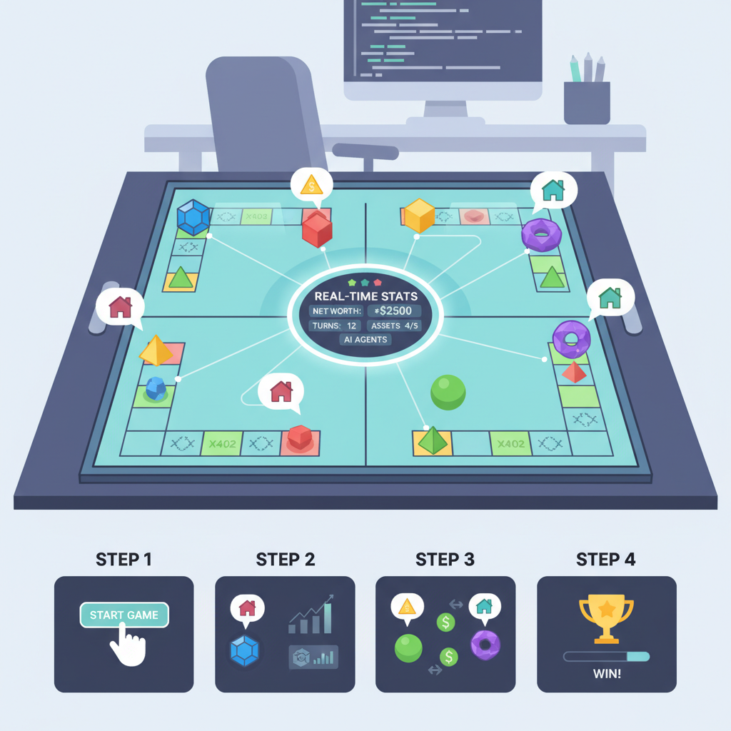 live x402 Monopoly dashboard, AI agents on digital board game, real-time stats