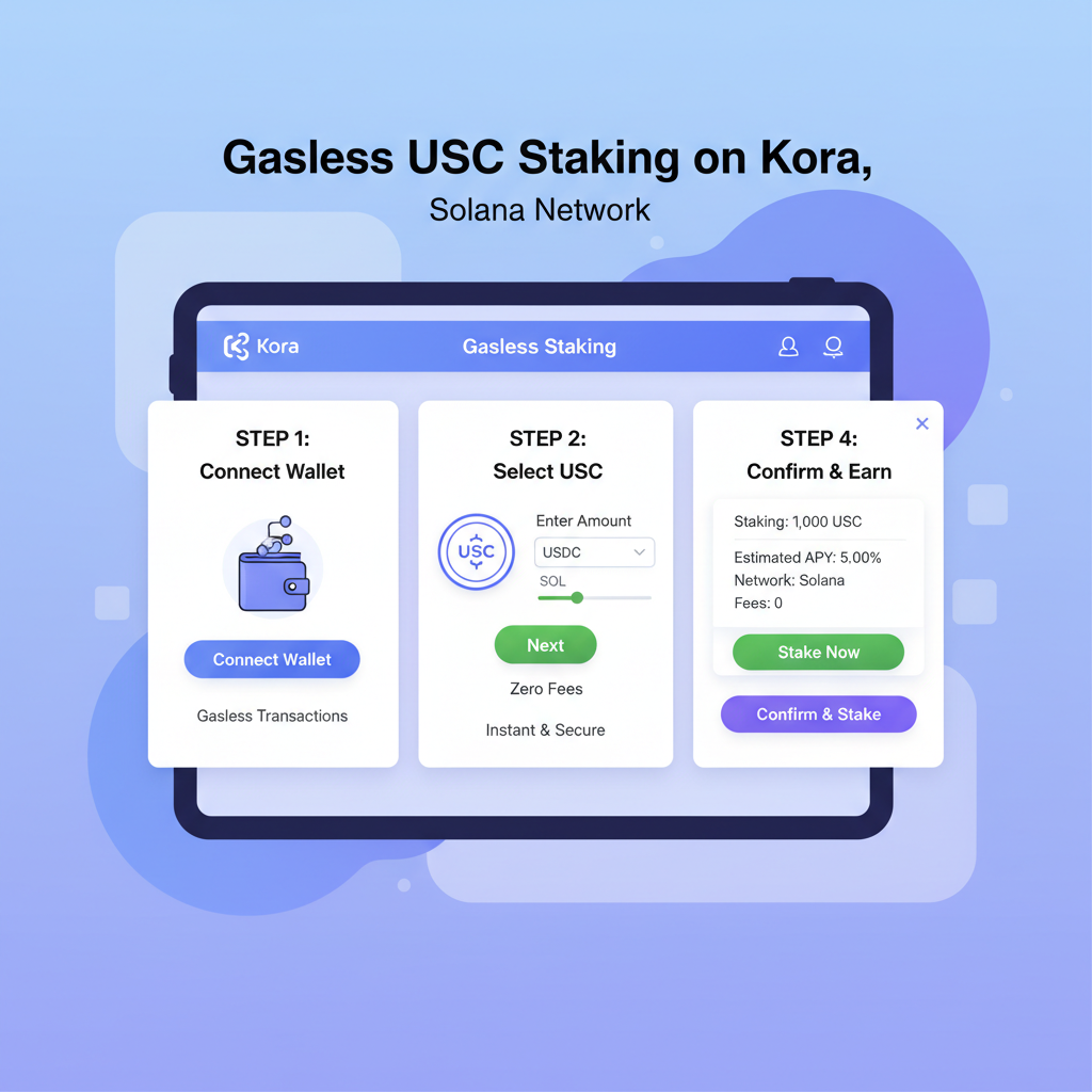 gasless USDC staking interface on Kora, Solana network, easy button clicks
