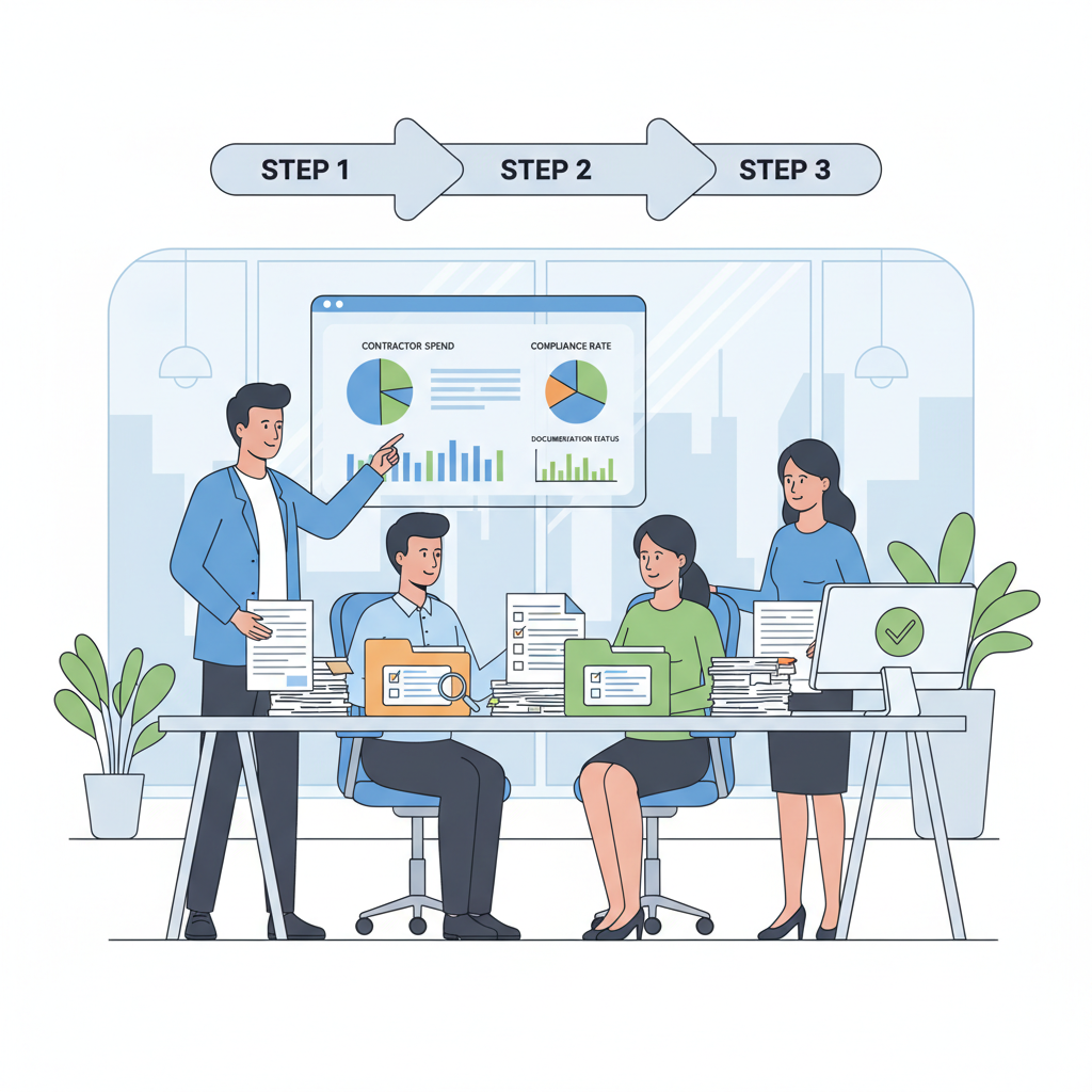 professional team auditing employee contractor documents on desk, modern office, clear charts