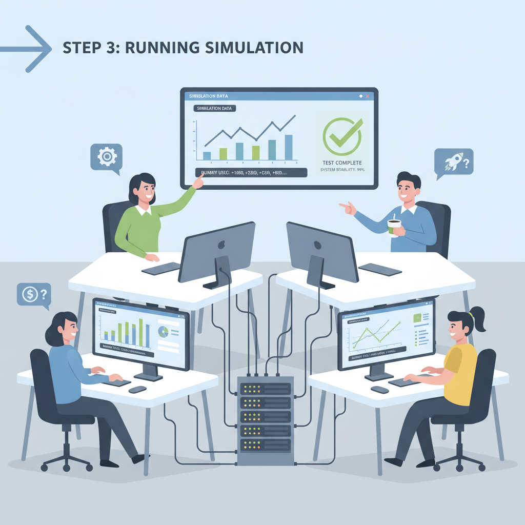 team running test simulation on computers with dummy USDC transactions graphs