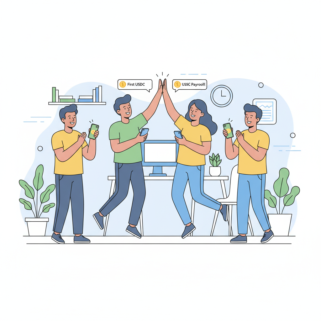 small team receiving first USDC payroll notifications on phones, excited group high-five