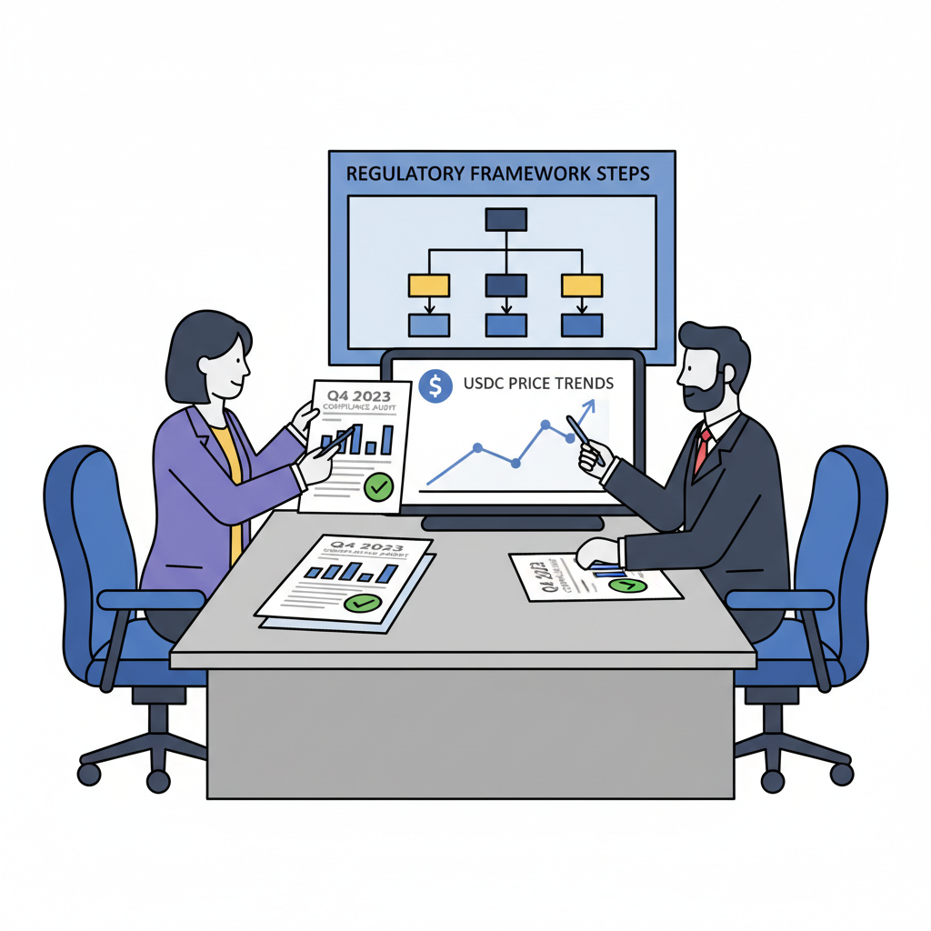 executives in meeting reviewing compliance reports and USDC charts, professional boardroom