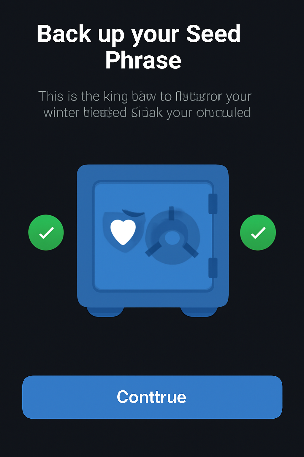 Trust Wallet seed phrase backup screen on mobile, secure vault icon, dark mode, reassuring green checkmarks