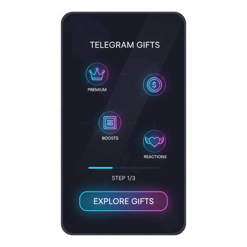 sleek telegram app interface showing gifts section with glowing gift icons, futuristic neon style
