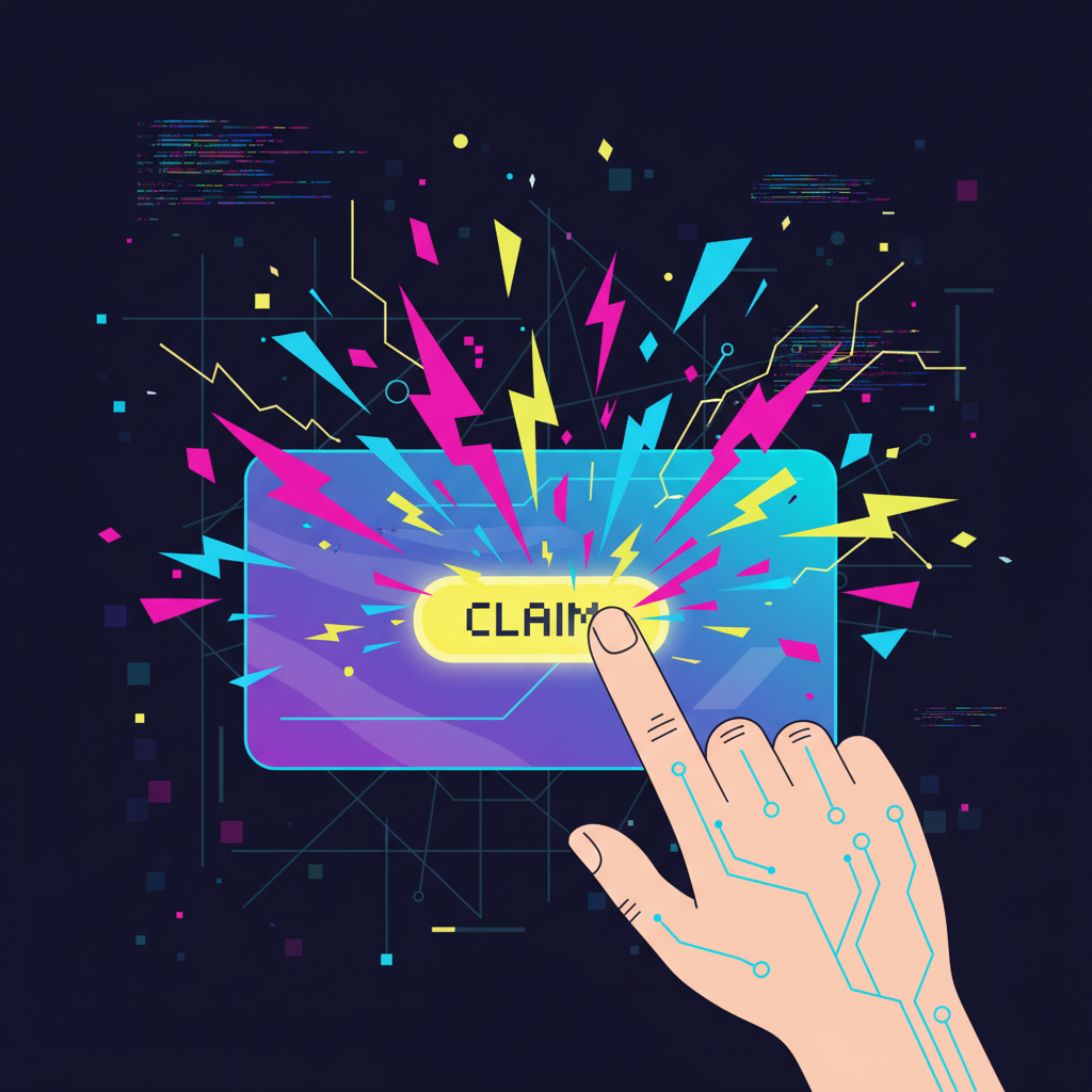 hand tapping claim button on shiny telegram gift card, explosive energy bursts, cyberpunk vibe