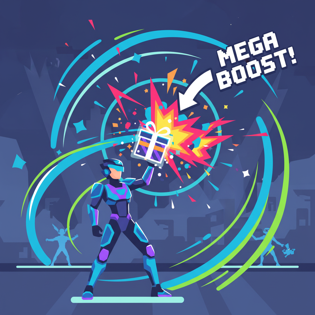 player deploying glowing gift in game battle, massive boost effects, neon explosions, heroic pose
