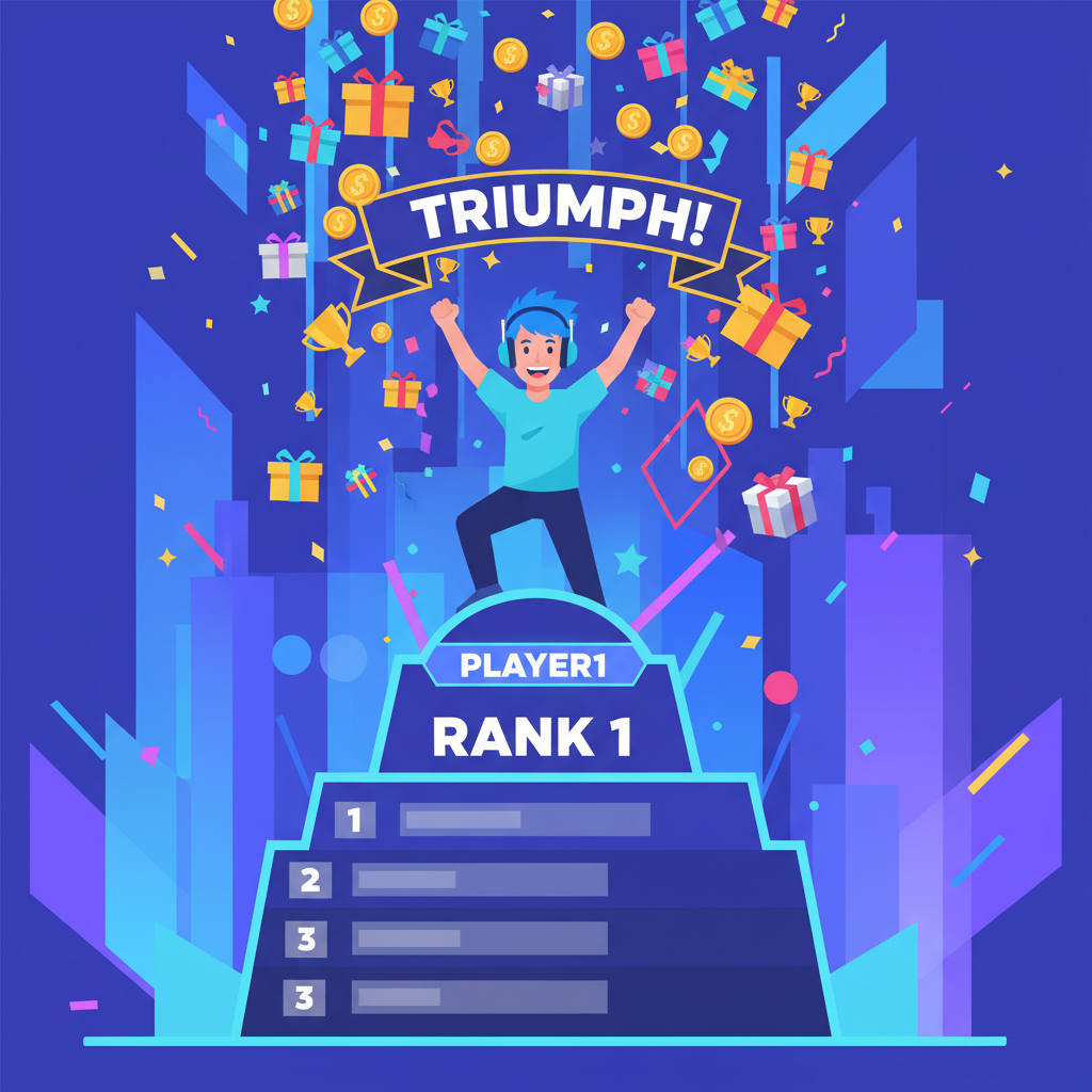 victorious gamer on top leaderboard with ton gifts raining down, triumphant futuristic celebration