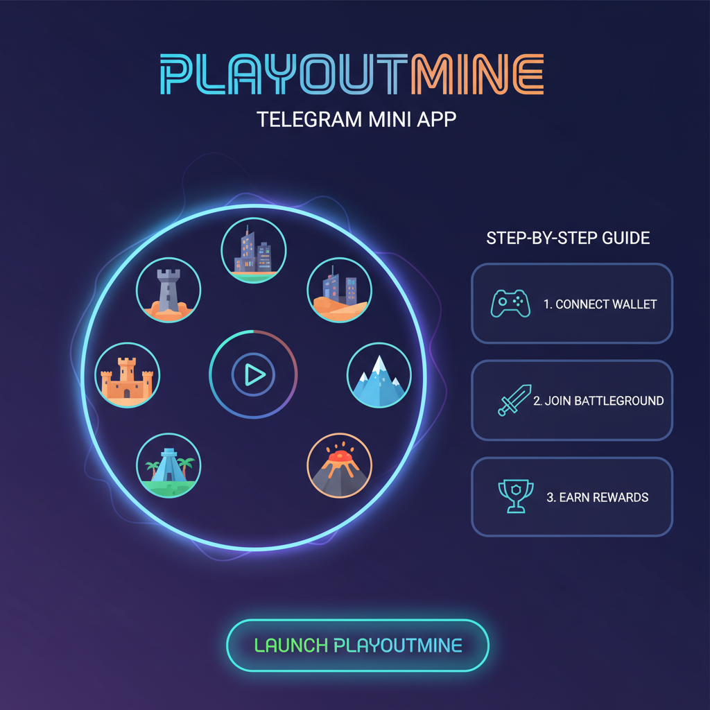 telegram mini app launch screen for playoutmine with battleground icons, epic gaming dashboard glow