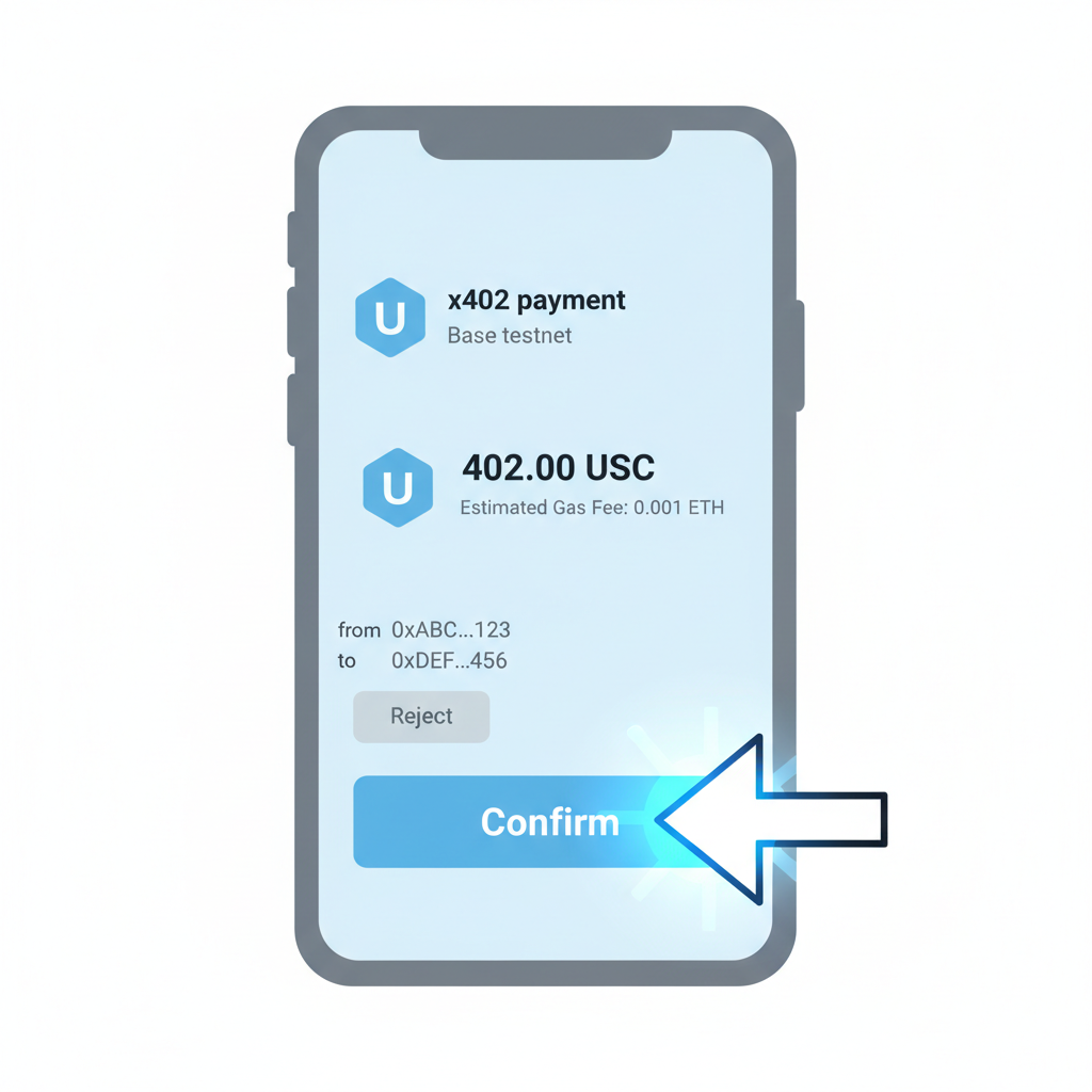 Wallet approval screen for x402 payment on Base testnet, confirm button glowing, USDC icons