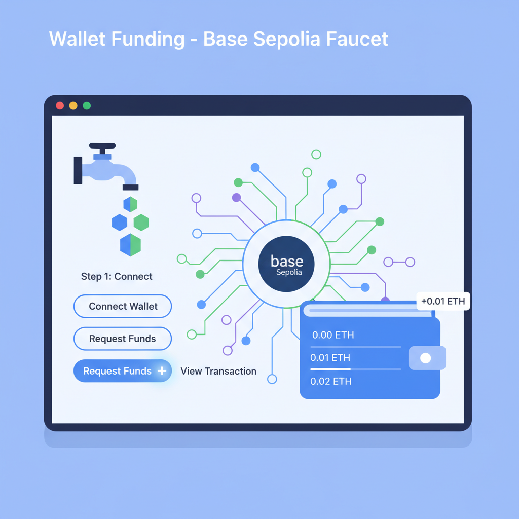 Wallet funding from faucet interface on Base Sepolia, tokens dripping in, vibrant blockchain graphic