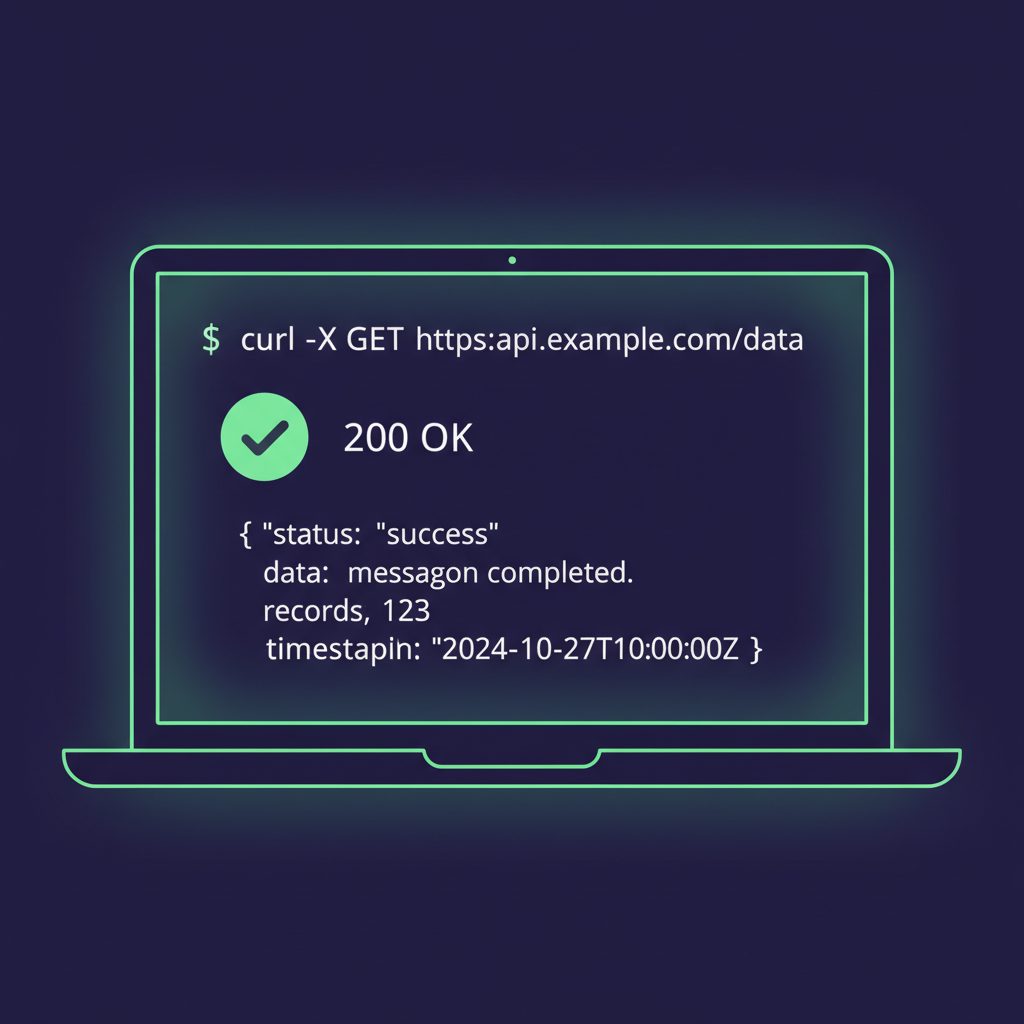 Successful curl response 200 OK with API data payload, green checkmark, terminal glow