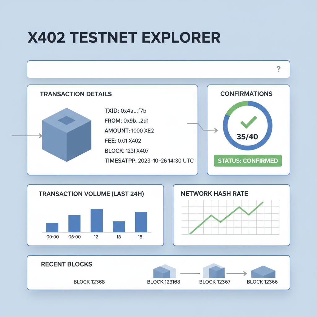 Blockchain explorer dashboard showing x402 testnet transaction details, charts and confirmations