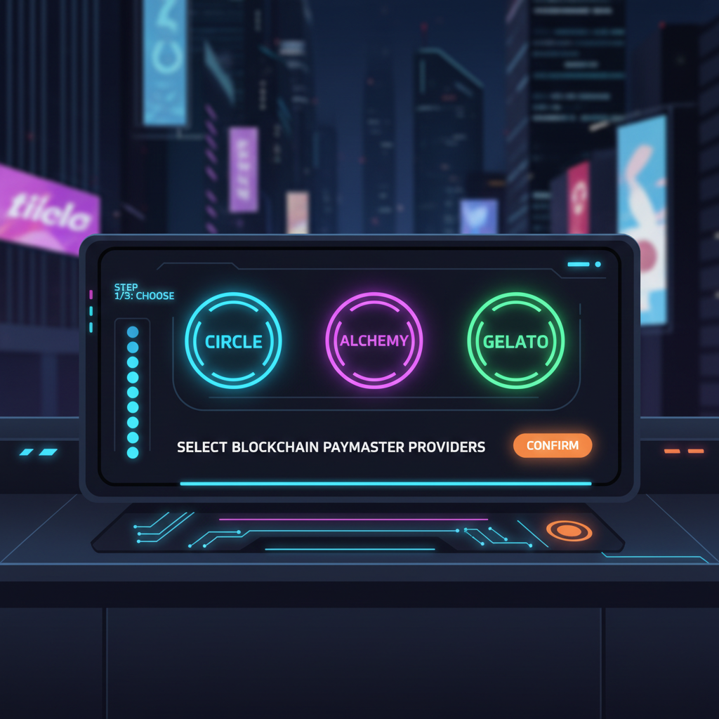 sleek futuristic dashboard selecting blockchain paymaster providers Circle Alchemy Gelato, neon interfaces glowing, cyberpunk vibe