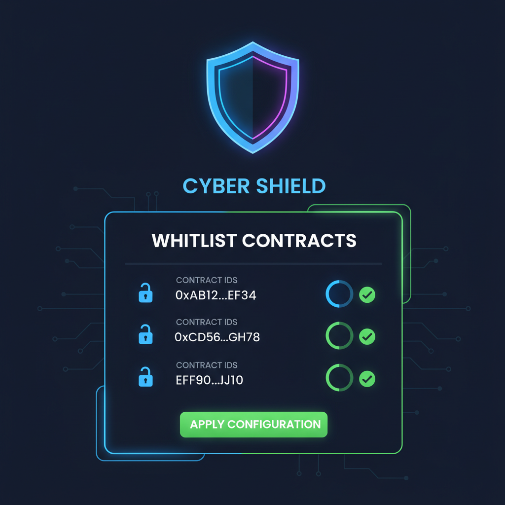 cyber shield configuring whitelist contracts on blockchain UI, locks and green checks, dark mode neon accents