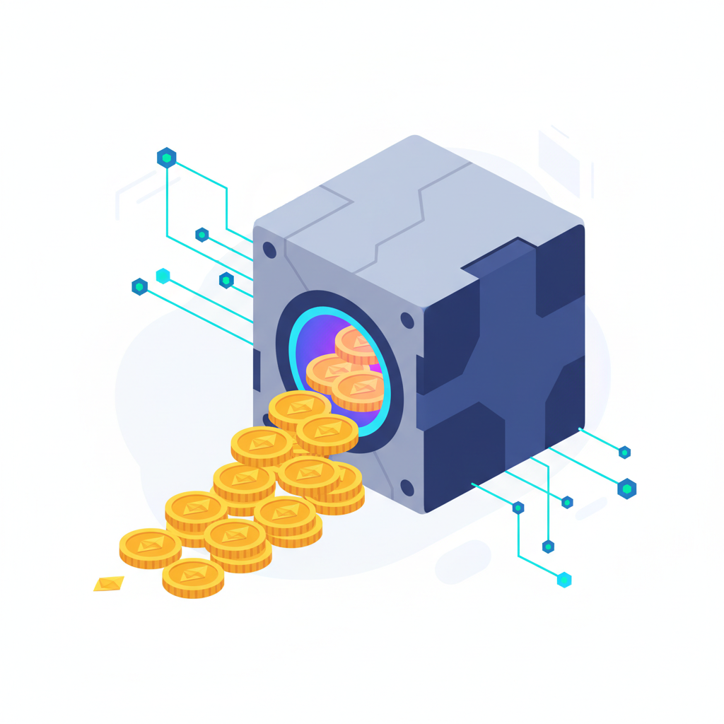 depositing golden ETH stakes into futuristic paymaster vault, blockchain entrypoint glowing, stacks of coins flowing