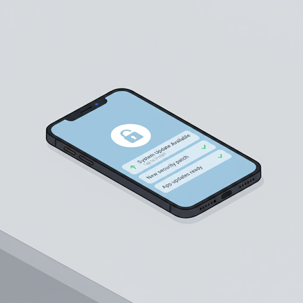 clean smartphone on table with security lock icon and update notifications, minimalist, realistic