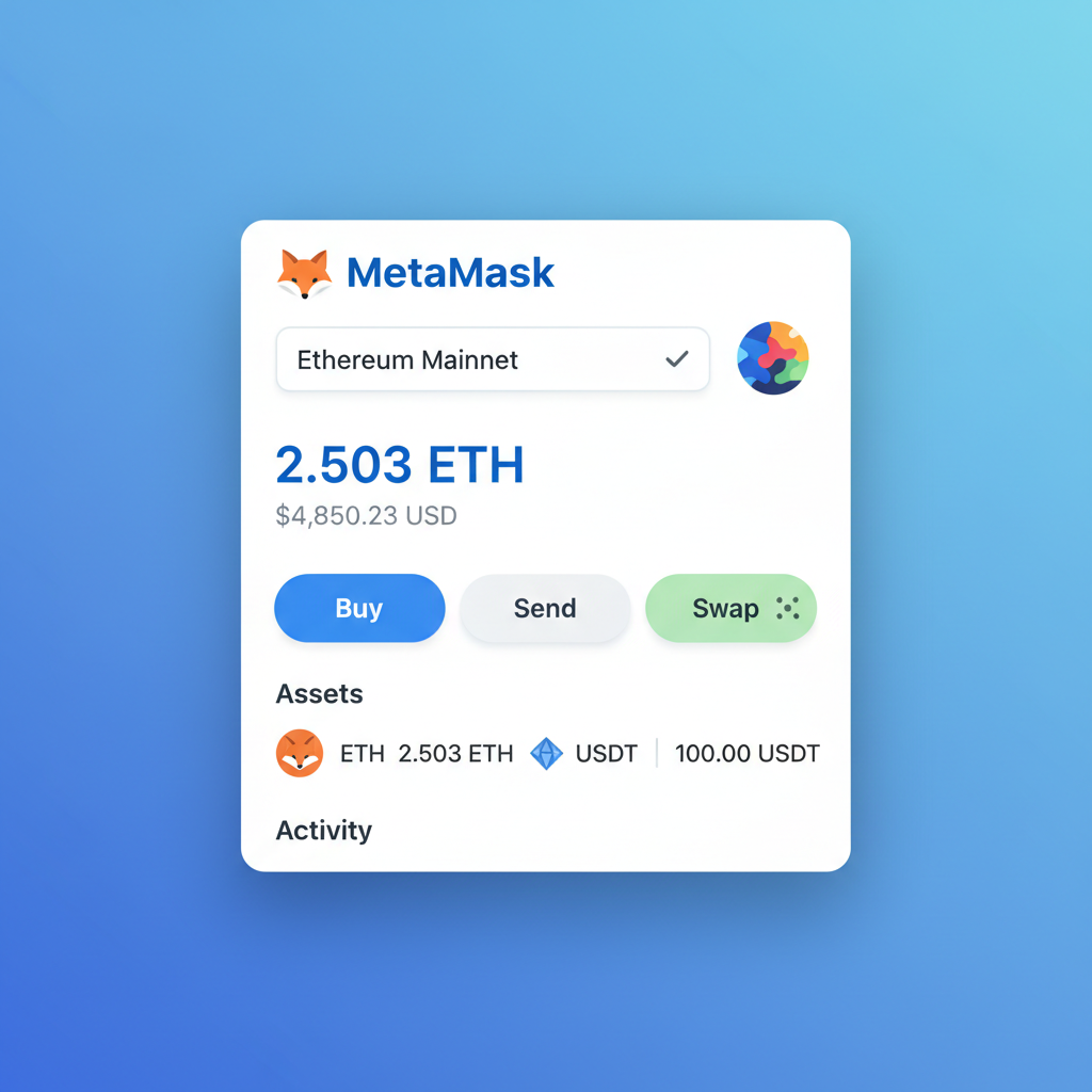 MetaMask wallet interface on Ethereum Mainnet, balance visible, clean screenshot style