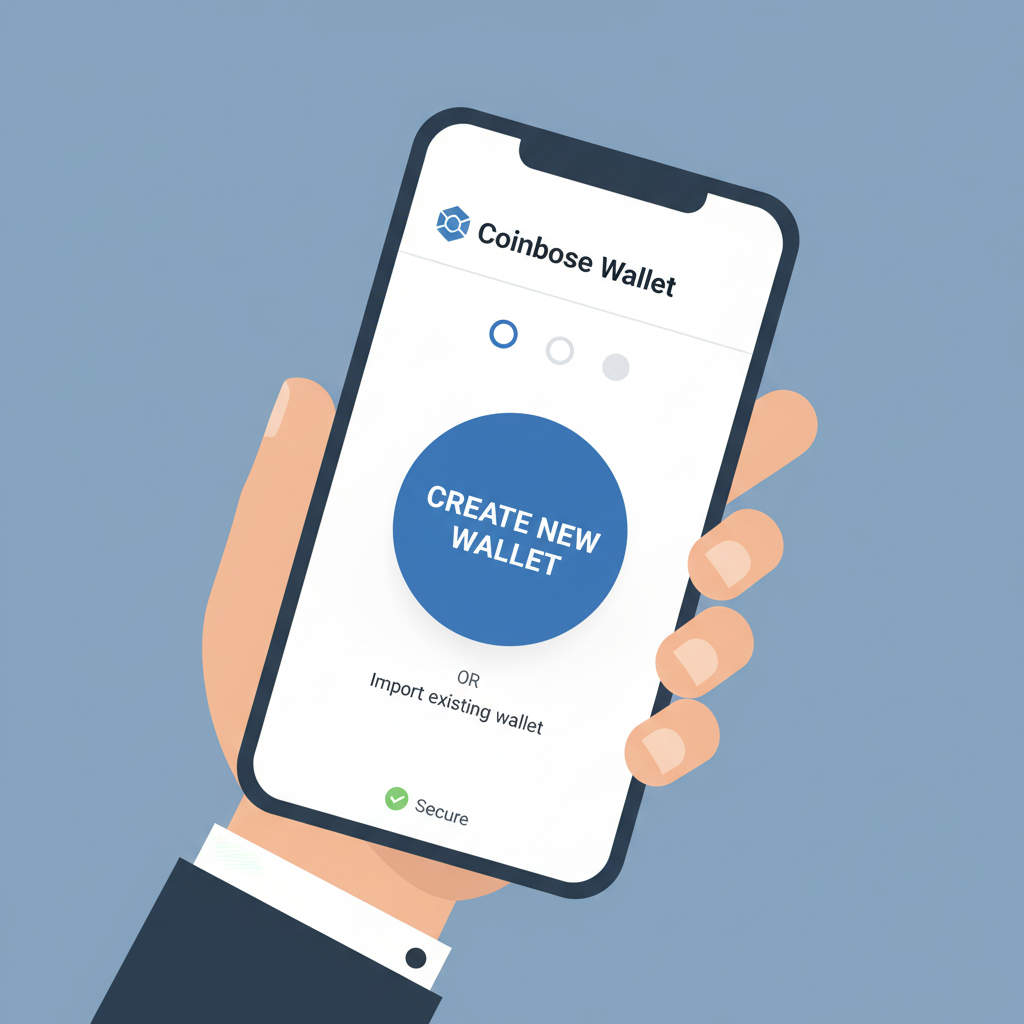 Coinbase Wallet app interface on phone screen showing create new wallet button, simple UI