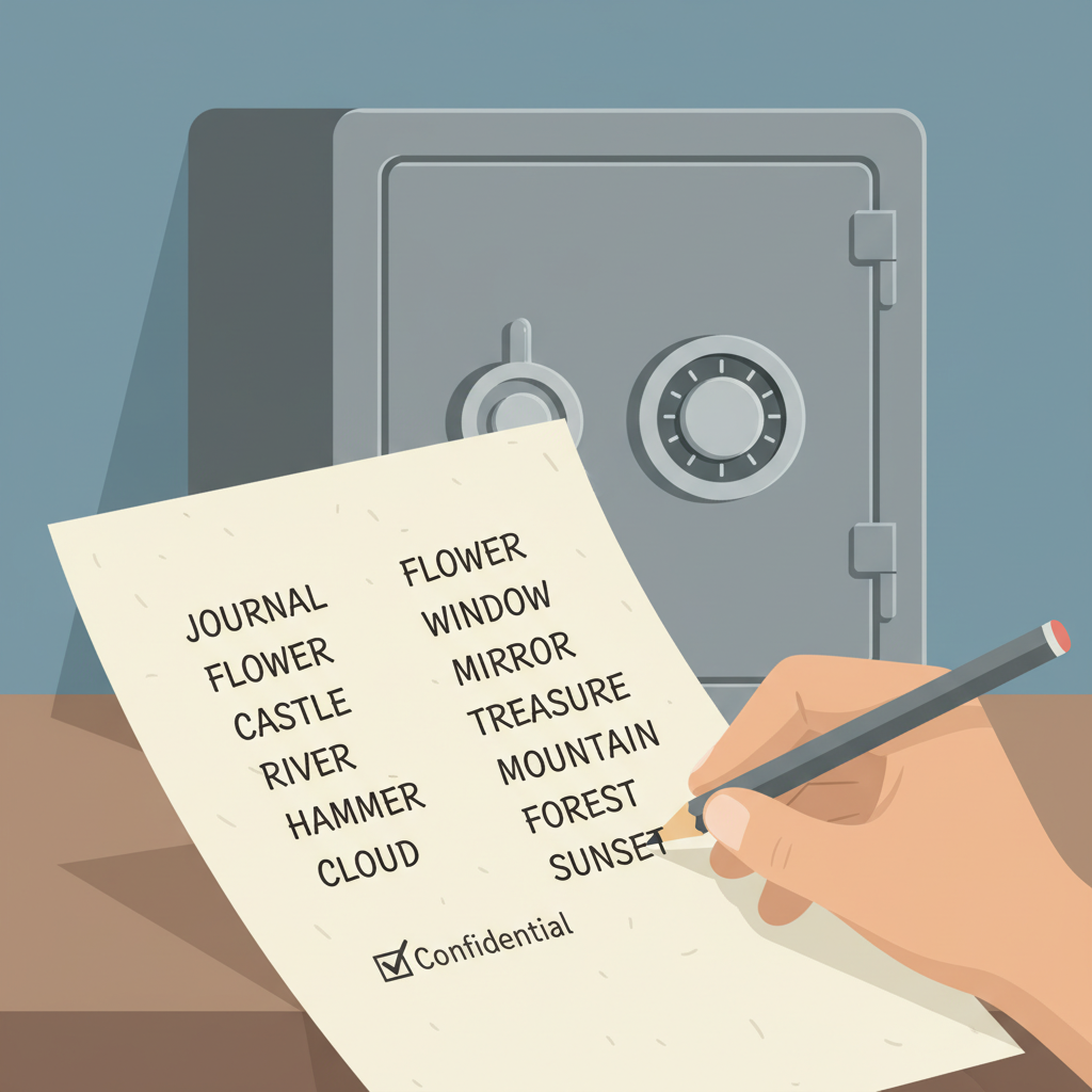 hand writing seed phrase words on paper with pencil, secure safe in background, realistic