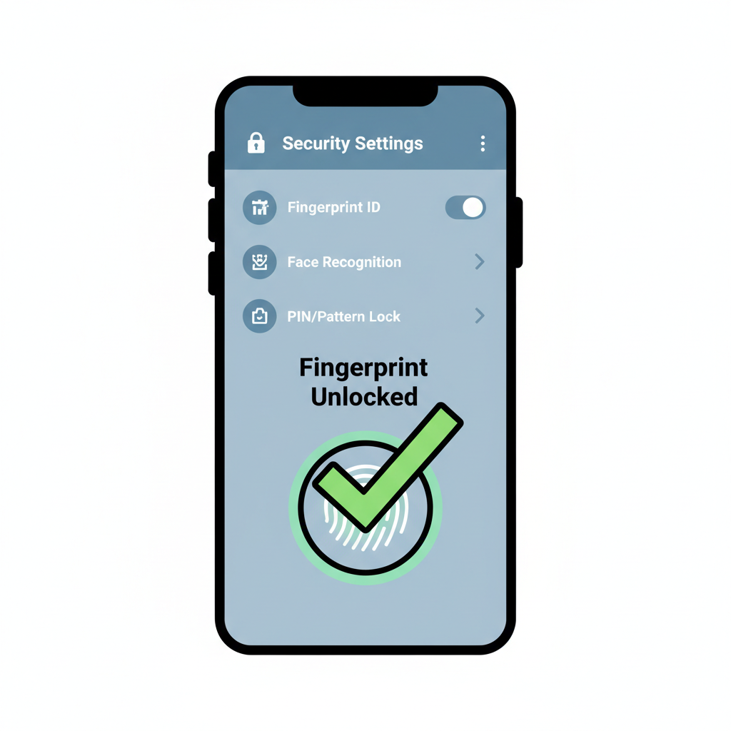 phone fingerprint scanner activating with green checkmark, security settings screen