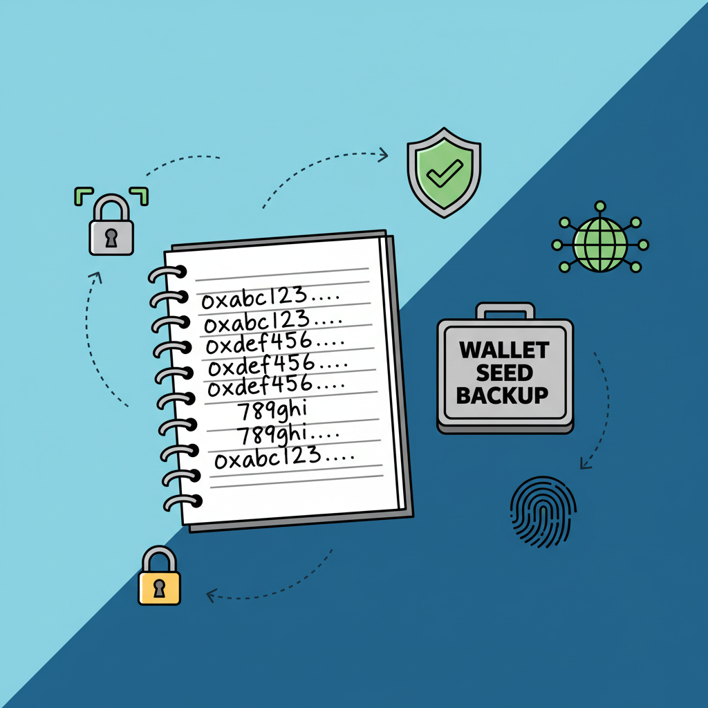 Notebook with tx hashes written, wallet seed backup safe, security icons