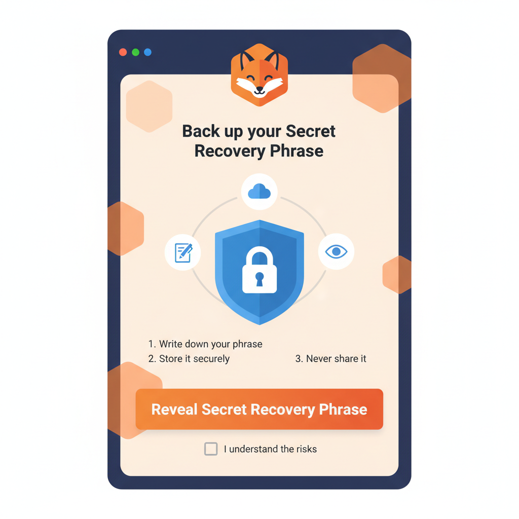 MetaMask setup screen showing seed phrase backup prompt, orange fox theme