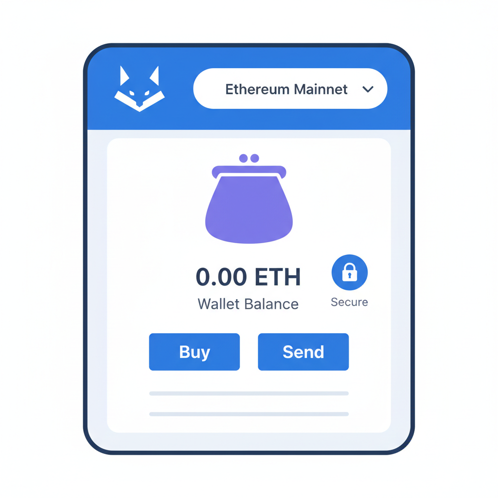 MetaMask dashboard with empty wallet balance and network selector, secure padlock