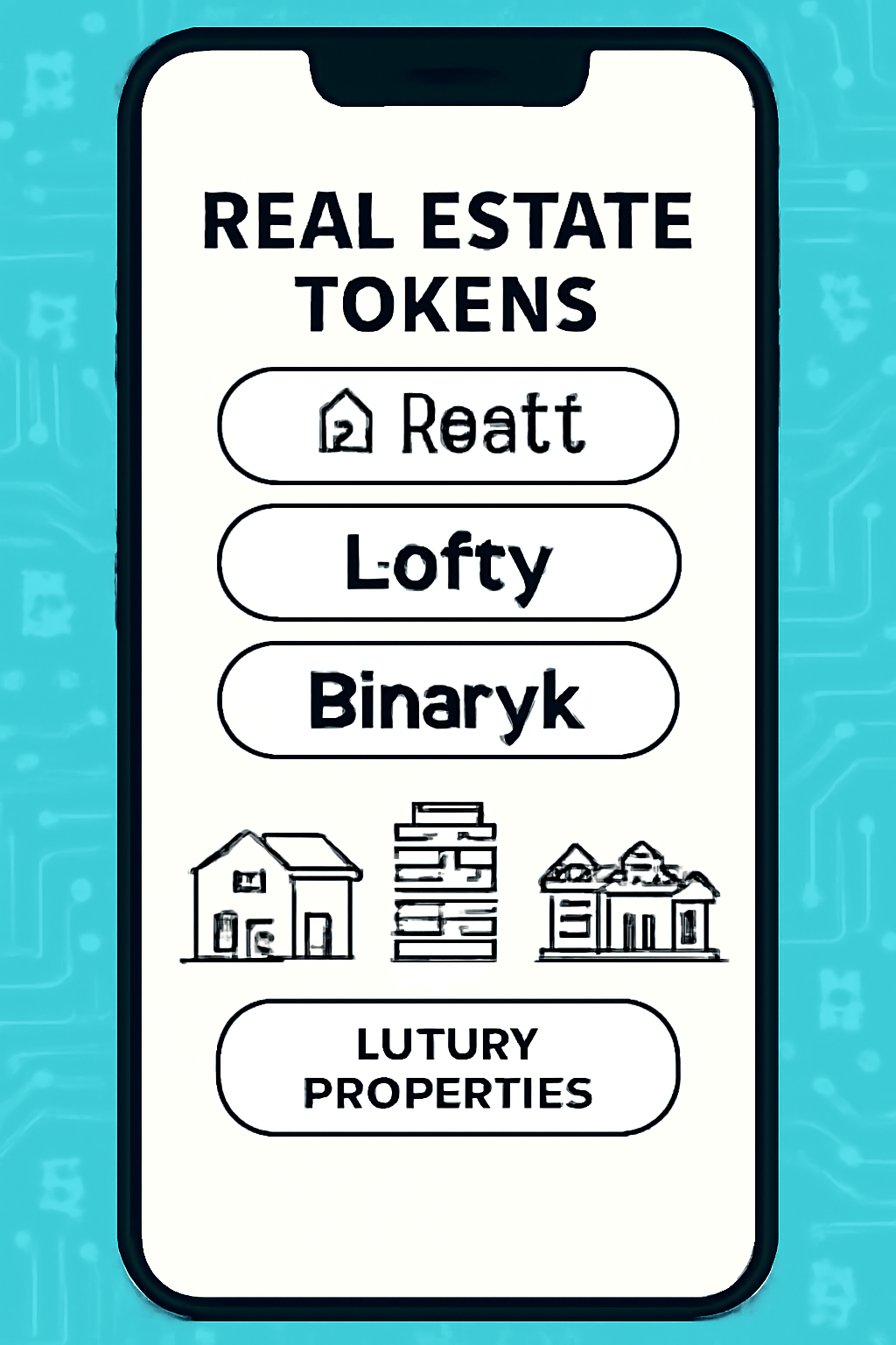 Smartphone screen showing real estate token platforms RealT Lofty Binaryx, luxury properties icons, blockchain background