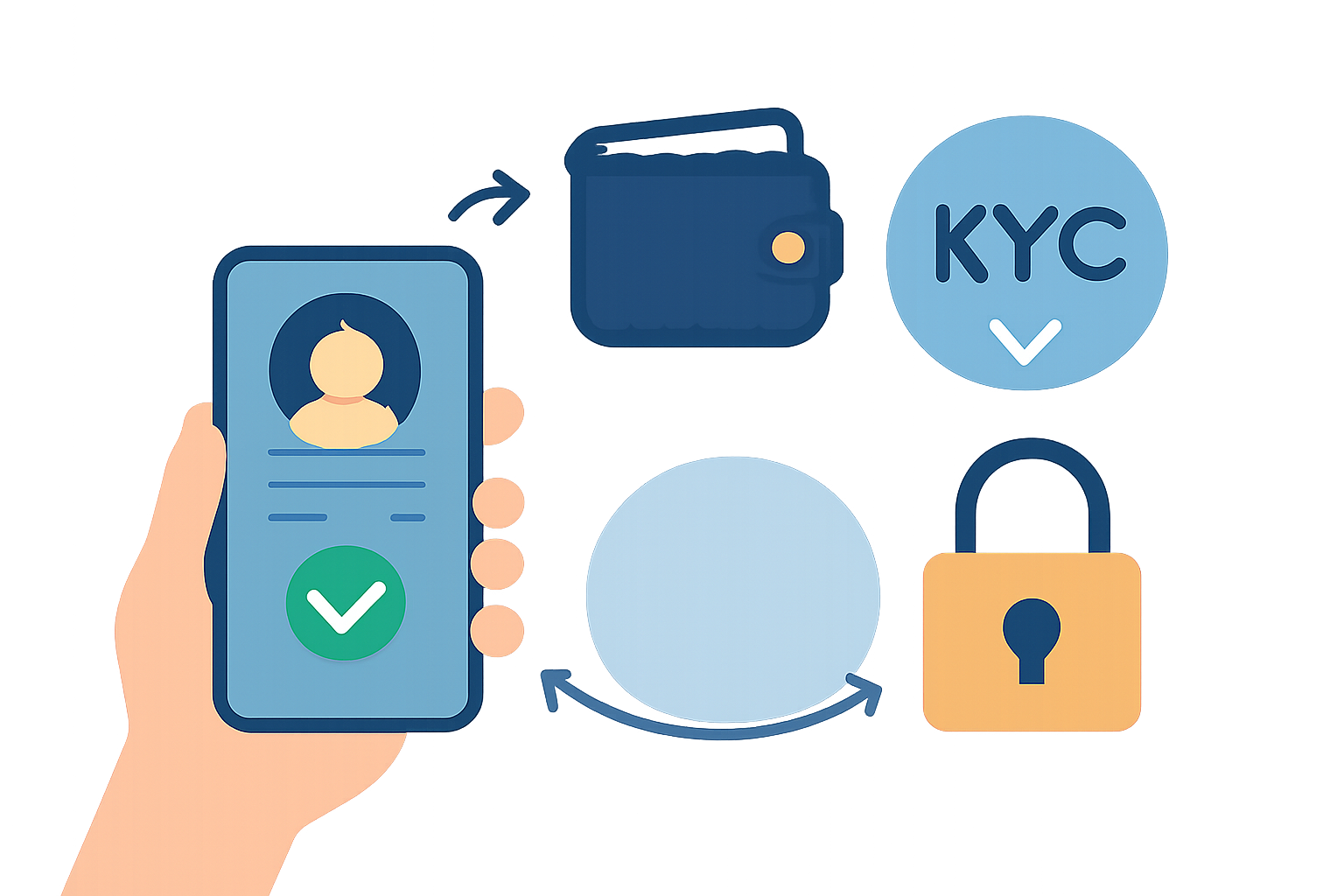 User verifying identity on app, wallet connection, KYC checkmark, secure lock icon